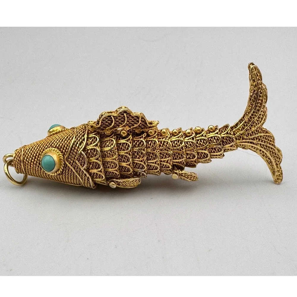 Vintage Chinese Export Silver Vermeil Articulated Koi Fish Pendant Turquoise Eye